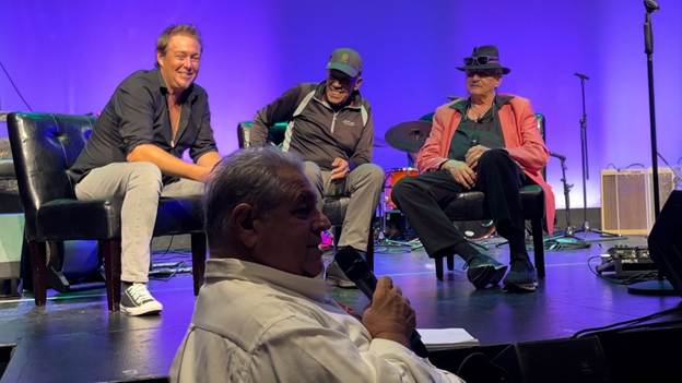 Carmen moderates a panel discussion featuring (from left) Billy Walton and Eddie and the Cruisers costars Michael “Tunes” Antunes and David Patrick Wilson on October 13, 2024, at the Gateway Playhouse in Somers Point. Photo by William Patrick Tandy.